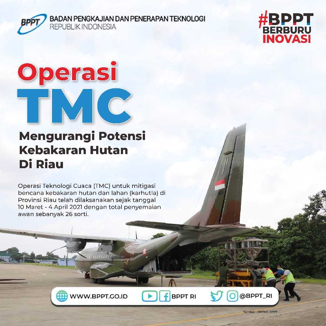 BPPT_RI's tweet image. Assalamualaikum #Teknopren
Operasi Teknologi Modifikasi Cuaca (TMC) untuk mitigasi bencana kebakaran hutan dan lahan di Provinsi Riau terus dilakukan BPPT sejak tanggal 10 Maret sd 4 April 2021. 

#BPPTSolidSmartSpeed
#BPPTBerburuInovasi
#BPPTJagoanInovasi
#TMCBPPT