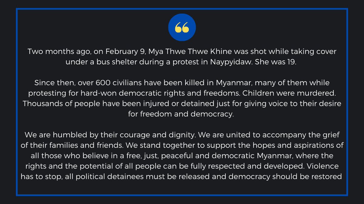 EUMyanmar's tweet photo. Joint Statement of the Ambassadors to Myanmar from Australia; Canada; the Delegation of the EU and Czech Republic, Denmark, Finland, France, Germany, Italy, Netherlands, Spain and Sweden; New Zealand; Norway; the Republic of Korea; Switzerland; United Kingdom and United States. https://t.co/97OVdkU4vv