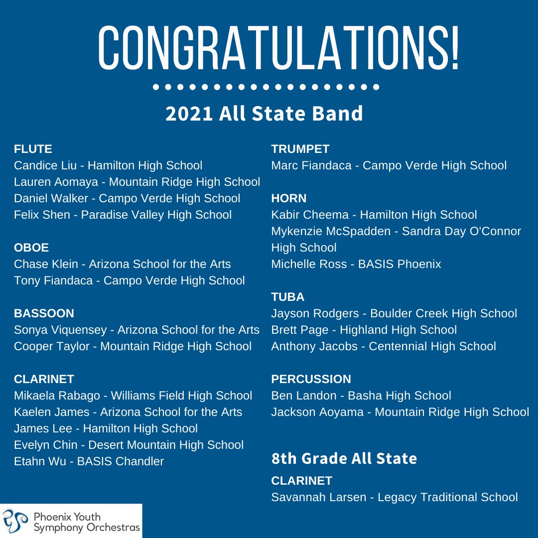 phoenixyouthsym's tweet photo. 🎉Congratulations to all of PYSO's students that have made it into the All State Orchestra &amp; Band 2021! Please join us in celebrating this accomplishment by liking, sharing and commenting on the post! 

#allstate2021 #PYSO https://t.co/HT6G2zBqm2