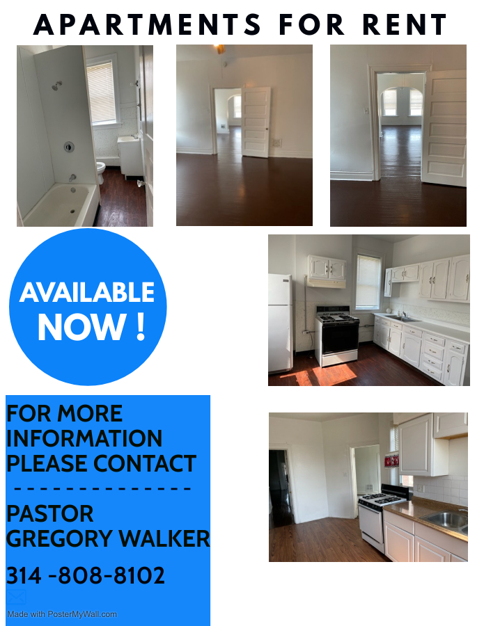 GloryOfChristC2's tweet image. Very Nice Apartments for rent, NOW! Contact Pastor Gregory Walker @ 314-808-8102 for additional info.