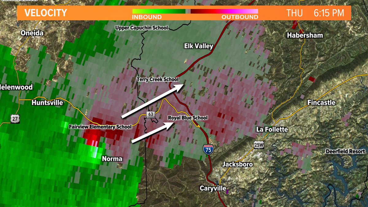 WBIRWeather's tweet photo. TAKE SHELTER NOW - We are seeing very tight rotation with this tornado warned storm. If you live near Royal Blue School, Terry Creek School or along I-75. Take shelter in the lowest level of your home and away from all windows.  #10Weather https://t.co/jX40MlS0Zr