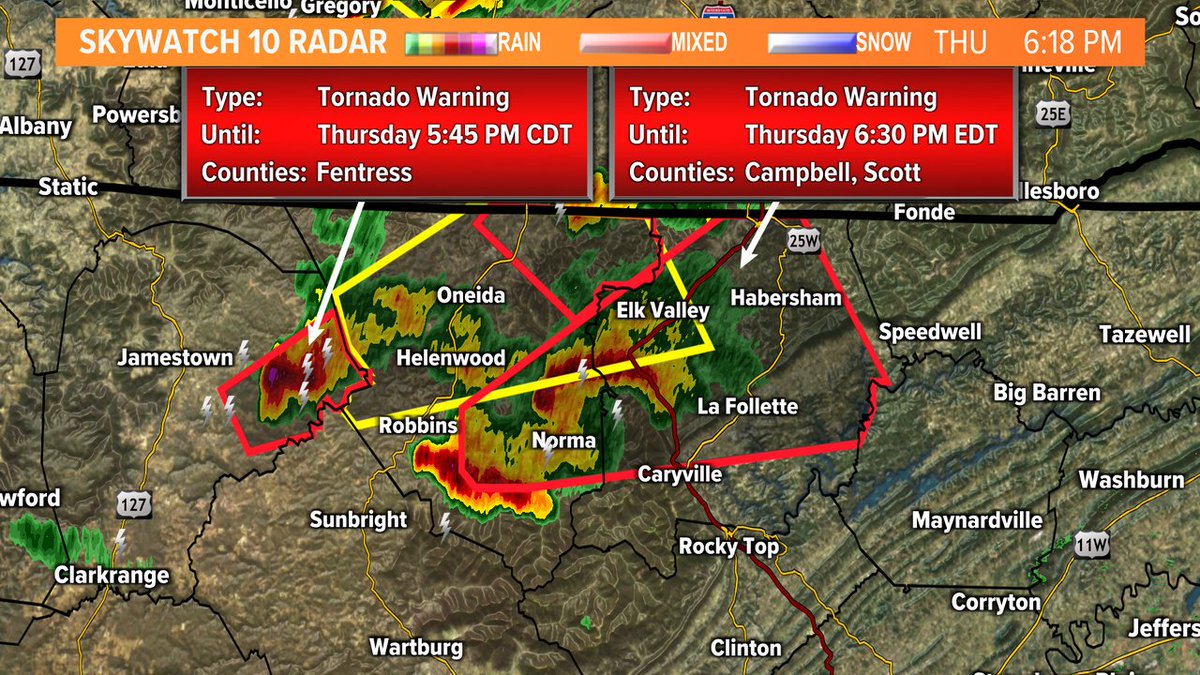 WBIRWeather's tweet photo. TORNADO WARNING issued for Fentress County until 5:45 PM CDT. Storm is moving to the NE at 50 mph. Take shelter now!  #10Weather https://t.co/jdz92RtIiu