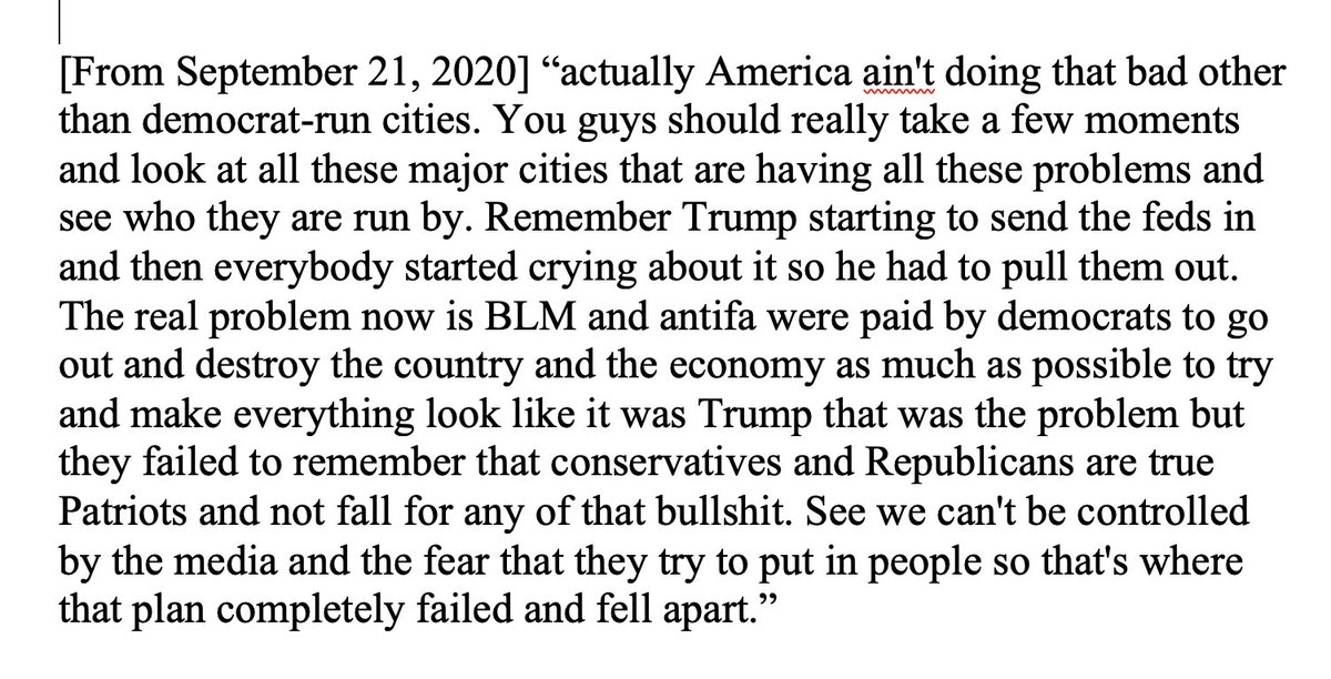 I get it is genuinely hard to talk about this when 1) there really are some black bloc folks out there & 2) CHAZ etc really did become a mess but 3) "BLM+antifa" were NOT paid by Democrats to go destroy the country but *that* is the supposed reality to which many voters responded