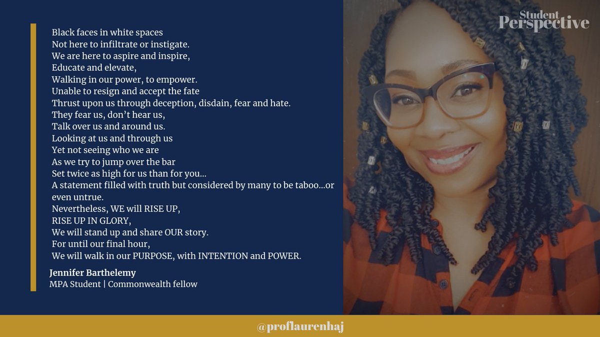ProfLaurenHaj's tweet photo. Meet Jen- a rockstar grad student and leader at the MA Department of Transitional Assistance.  Jen shares her passion through poetry as we face a pandemic and racial injustice @PurposedPW_PPW @Suffolk_U @SuffolkIPS @ASPANational #publicleadership #racialequity https://t.co/NEk3fuV1eG