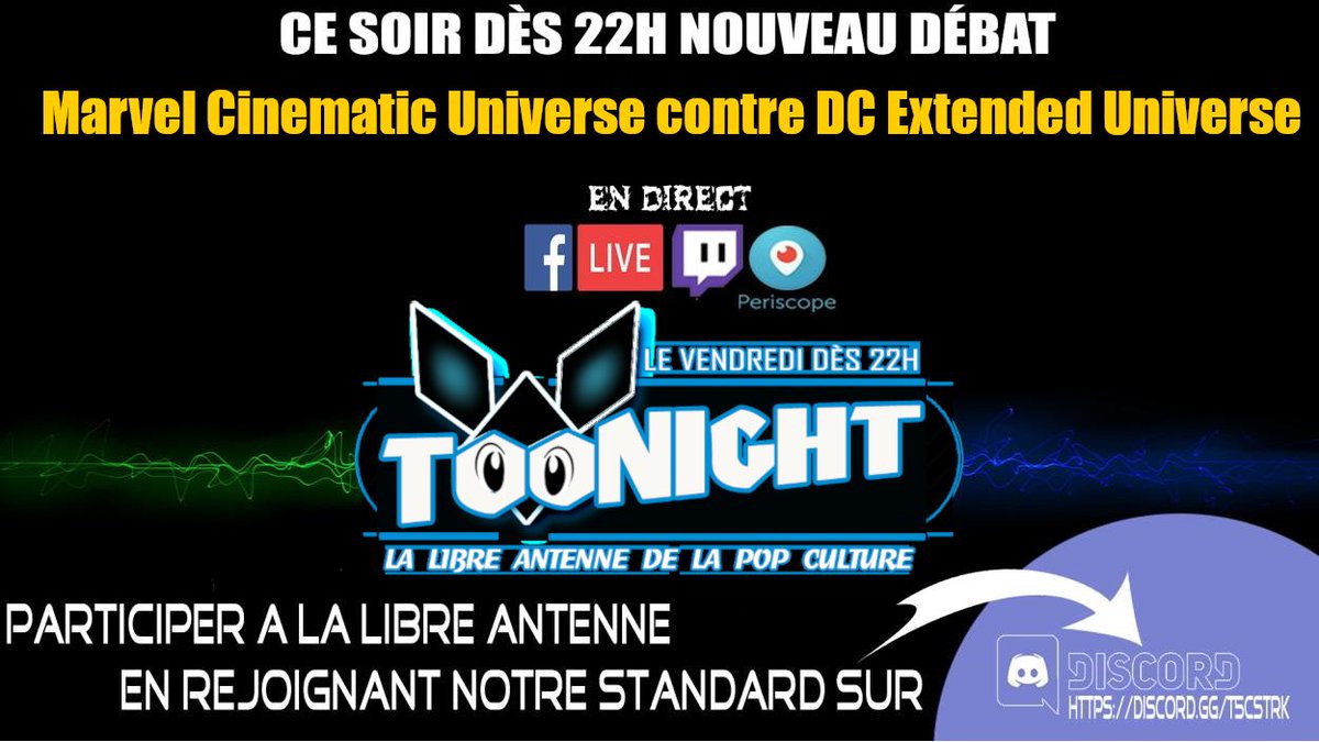 DojindoFR's tweet photo. Rendez-vous ce soir à 22h pour Toonight, votre émission Libre Antenne sur notre serveur discord.
"MCU contre DCEU"
Pour nous rejoindre: https://t.co/nflubMfr6n
#toonight #LibreAntenne #cinema #Marvel #DC https://t.co/jVkSU1ZJpD