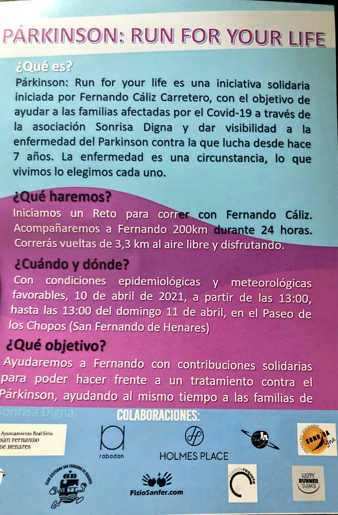 Por otro lado queremos unirnos a la iniciativa de la #CarreraSolidaria que tendrá lugar el sábado 10 de abril a las 13 horas para dar visibilidad a la enfermedad de #Párkinson.
Reto: correr con Fernando Cáliz 200km durante 24 horas. 
Y correremos una “vuelta simbólica” contigo!!!