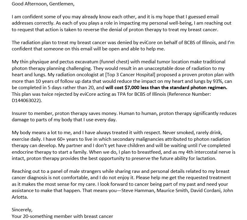 xof825110450's tweet photo. In the spirit of #AYACancerAwareness week, I'm sharing the email I sent to the CEOs of @BCBSIL, its parent @HCSC, its TPA @eviCorehc & #eviCore parent @Cigna after they denied radiation for my #AYA #BreastCancer in Oct 2020. FWIW I was 3 for 4 guessing emails correct. @ASTRO_org https://t.co/GxXY1USgmj