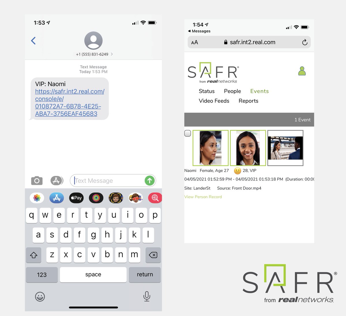 Never miss a person of interest with SMS #watchlist alerts. Receive text messages whenever a person of interest or VIP is detected in a monitored area. Available to Windows, Cloud and SAFR Inside customers. Learn more: safr.com/release-notes/