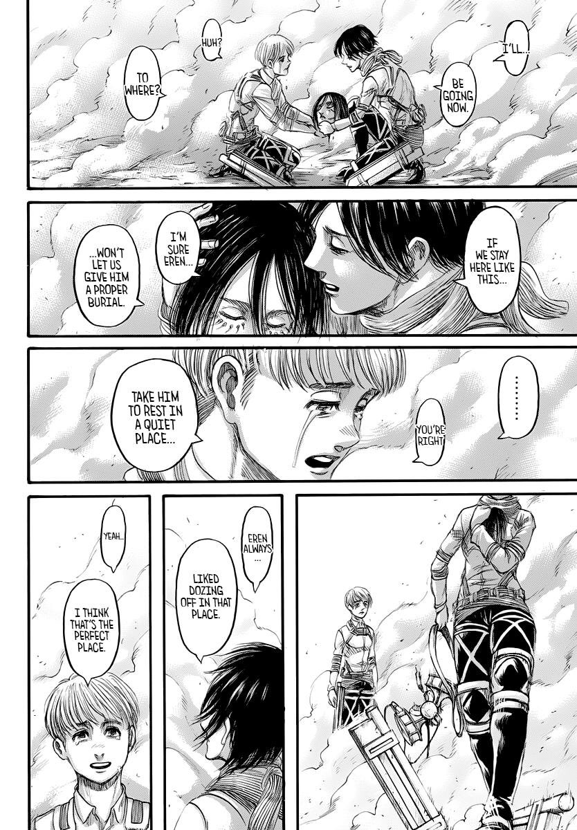 Mikasa mengatakan kepada Armin bahwa ia akan pergi. Armin mengatakan untuk membawa Eren beristirahat ke tempat yang tenang. Mikasa menjawab “Eren always liked dozing off in that place”. Armin setuju dan Mikasa kemudian pergi meninggalkan Armin. #AttackOnTitan139