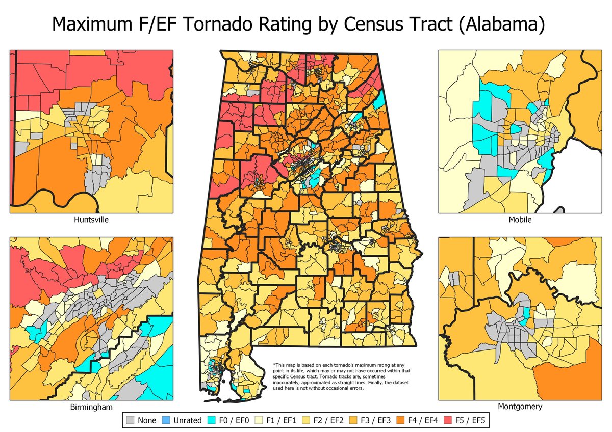 DustinSaltzman's tweet photo. Following from my map of max F/EF tornado ratings by Census tract in Oklahoma for 1950–2019, I will try to do the same for most/all states, Puerto Rico, and D.C. To start, here's Alabama! #wxtwitter @spann https://t.co/VuRx75DEGw