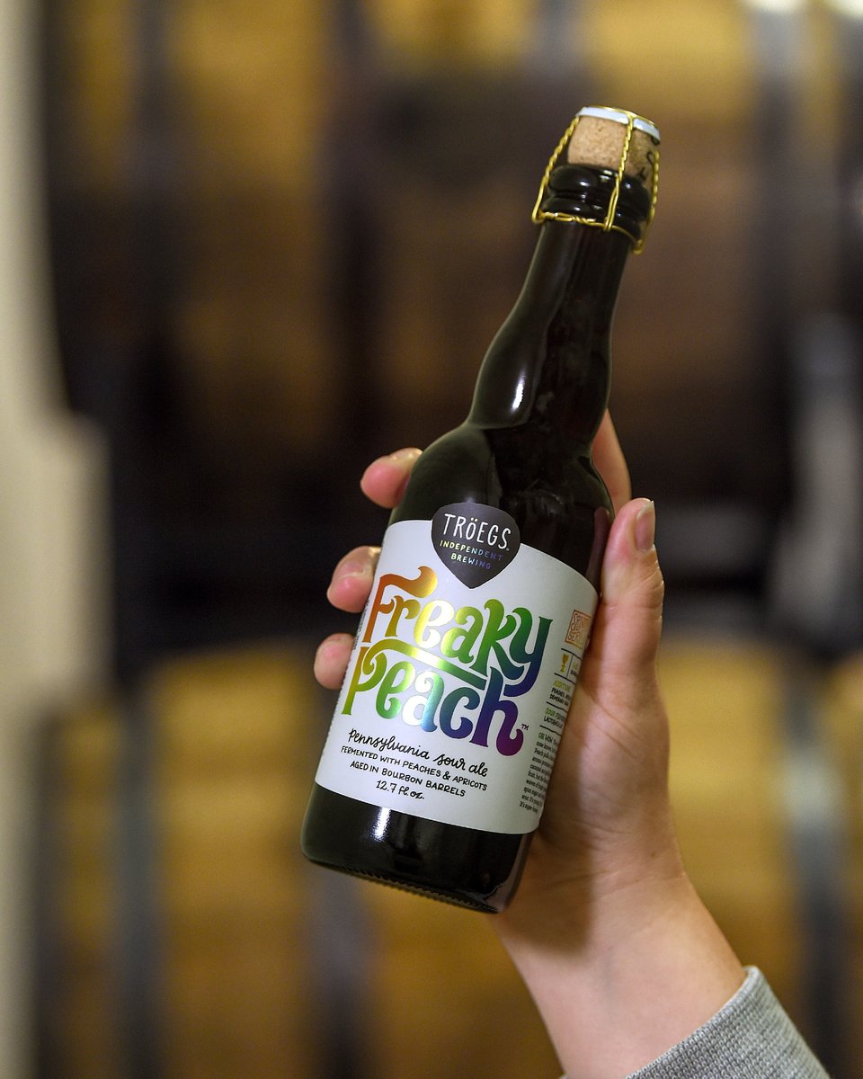 TroegsBeer's tweet photo. Now available at our brewery here in Hershey – #FreakyPeach, a Pennsylvania sour fermented with peaches &amp; apricots and aged in bourbon barrels. Think waves of bright peaches, spun sugar &amp; whiskey sour. 7.5% ABV. Trust us, it's worth a trip. #Hershey #SplinterBeer #Troegs #PAbeer https://t.co/3U3IngYCn3