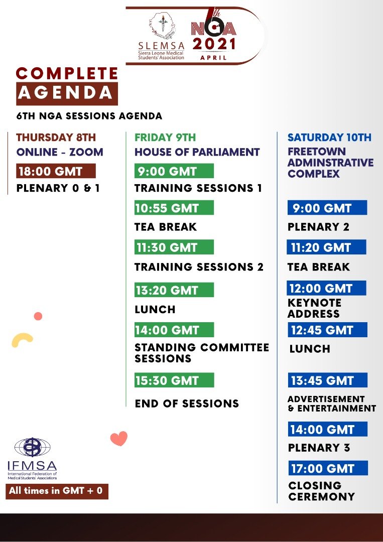slemsaSL's tweet photo. We are pleased to present our 6th NGA 2021 agenda to you.
#sdgs2030 #SDG3 #medicalstudent #medicine #medic #sierraleonean #comahs
@COMAHS_USL @judasil @WHOSierraLeone @NAPS_SL https://t.co/uN9qcWpFd4