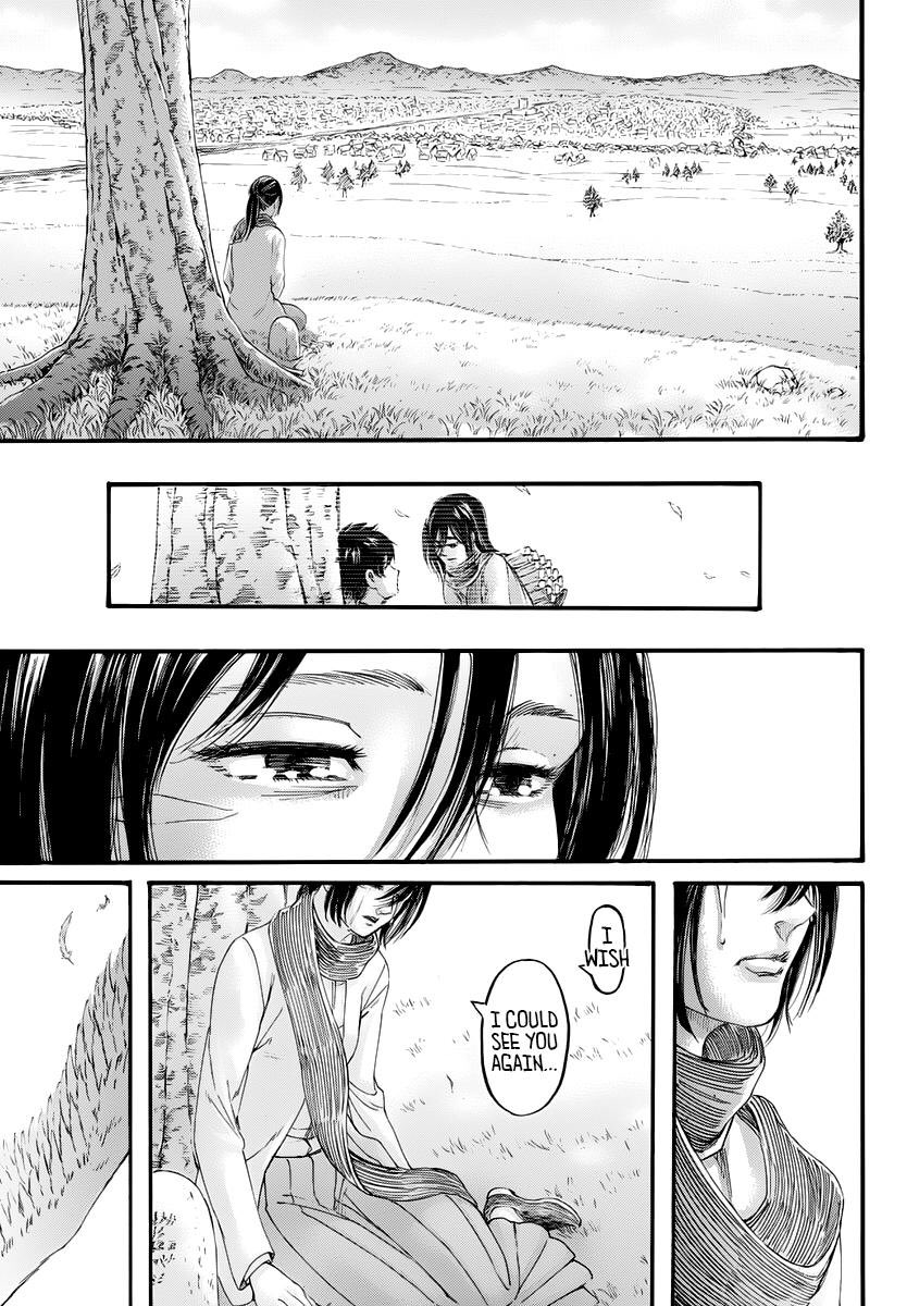Panel kemudian menunjukkan Mikasa sedang duduk di samping sebuah makam, makam Eren. Sepertinya tempat peristirahatan terakhir Eren berada di bawah pohon yang dulunya ia gunakan untuk bermain bersama Mikasa dan Armin saat masih kecil.  #AttackOnTitan139