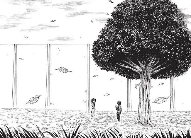 Panel kemudian menunjukkan Mikasa sedang duduk di samping sebuah makam, makam Eren. Sepertinya tempat peristirahatan terakhir Eren berada di bawah pohon yang dulunya ia gunakan untuk bermain bersama Mikasa dan Armin saat masih kecil. #AttackOnTitan139