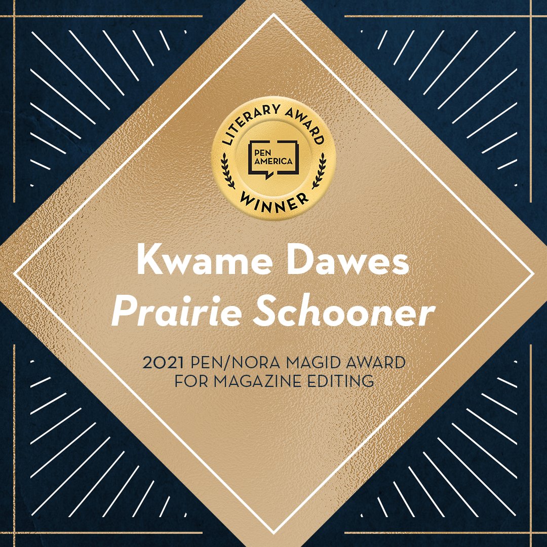 PENamerica's tweet photo. #PENLitAwards judges call Kwame Dawes "a bold and visionary editor, [who] has both proved the ongoing validity of the literary journal and taken it to new places." We are pleased to award Kwame Dawes with the PEN/Nora Magid Award for Magazine Editing: https://t.co/XIcYSB2Fgf. https://t.co/I1vfhlvqOE