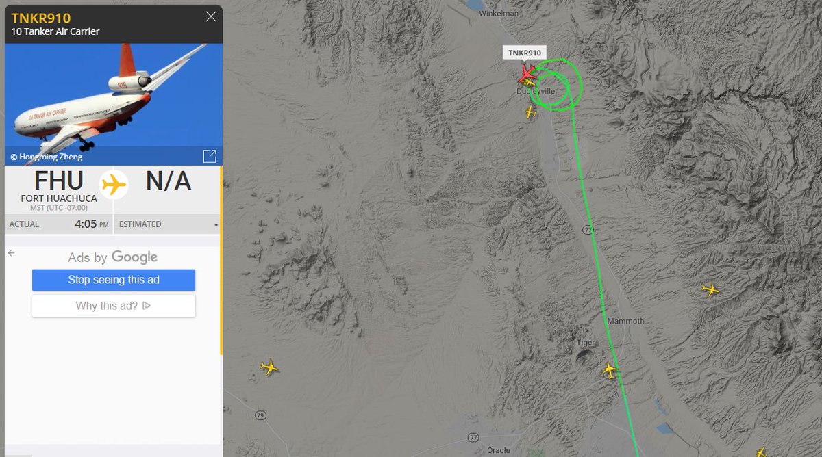 DanMarriesKOLD's tweet photo. #Tanker910, a DC-10 Air Tanker, is fighting the flames of the #MargoFire burning north of #Tucson. Continuing coverage here - https://t.co/TneyBo4OHz. #TNKR910 #N612AX https://t.co/T2nKeBOKWR