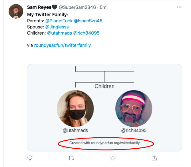 WARNING : Do NOT install the "My Twitter Family Tree" app. U have to grant excessive permissions & right now it appears to be sending out automated tweets to suck more people in. Anything that shows the "Created with ...." at the bottom of the tweet was likely auto-generated