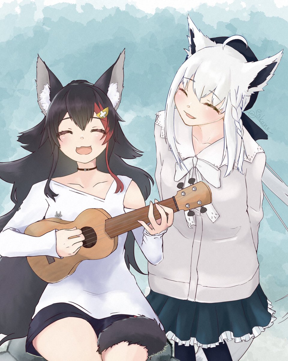 ookami mio ,shirakami fubuki animal ears wolf ears multiple girls 2girls wolf girl instrument fox ears  illustration images