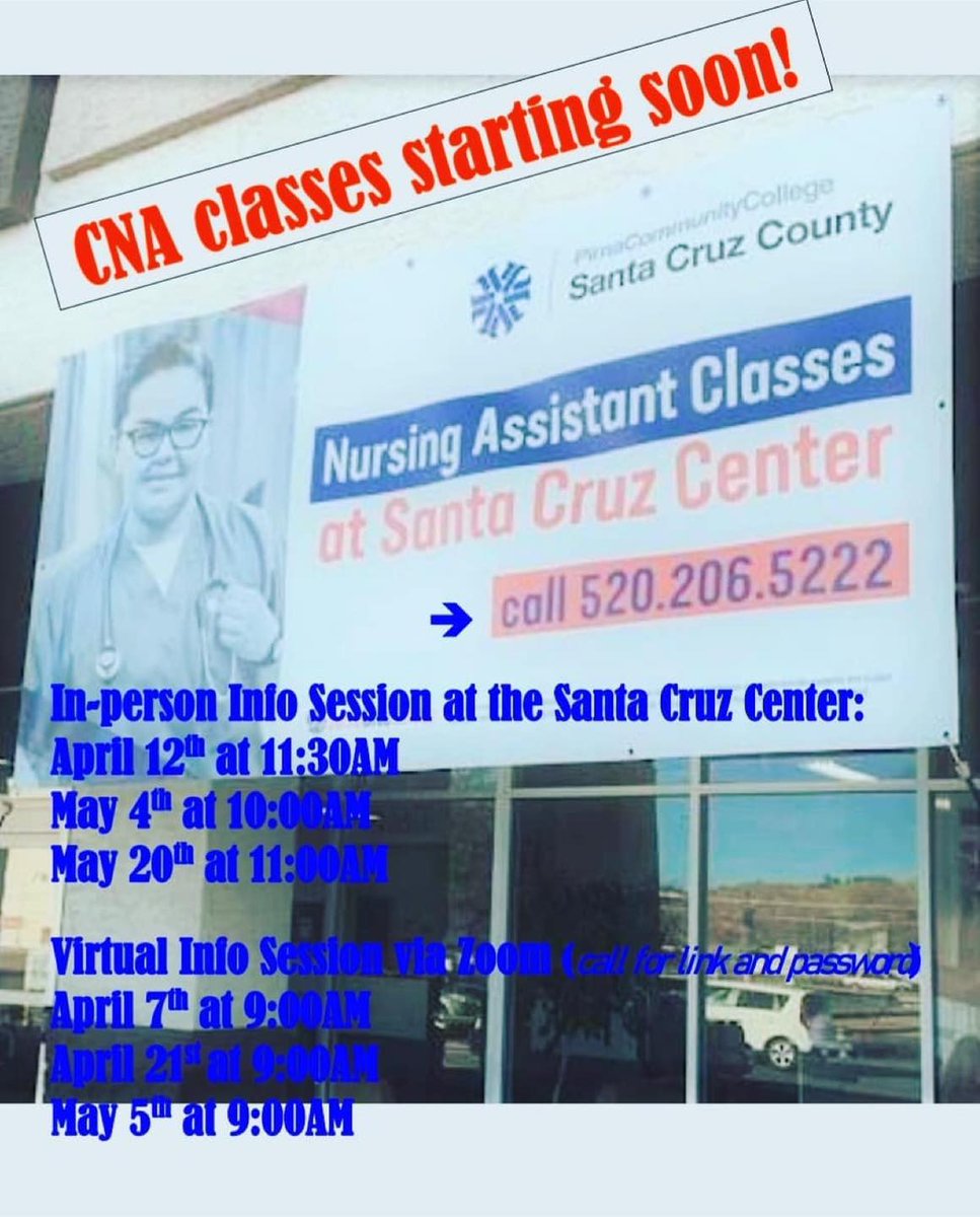 SantaCenter's tweet photo. From Pima Community College Santa Cruz: βNursing Assistant classes start soon, don't miss out! Attend an info session in Nogales or virtually! Call 520-206-5222 for more information. Get started on your future career now!π€©β #PimaCommunityCollege #LearnAtSantaCruz #NogalesArizona https://t.co/uYHHSY2AmI
