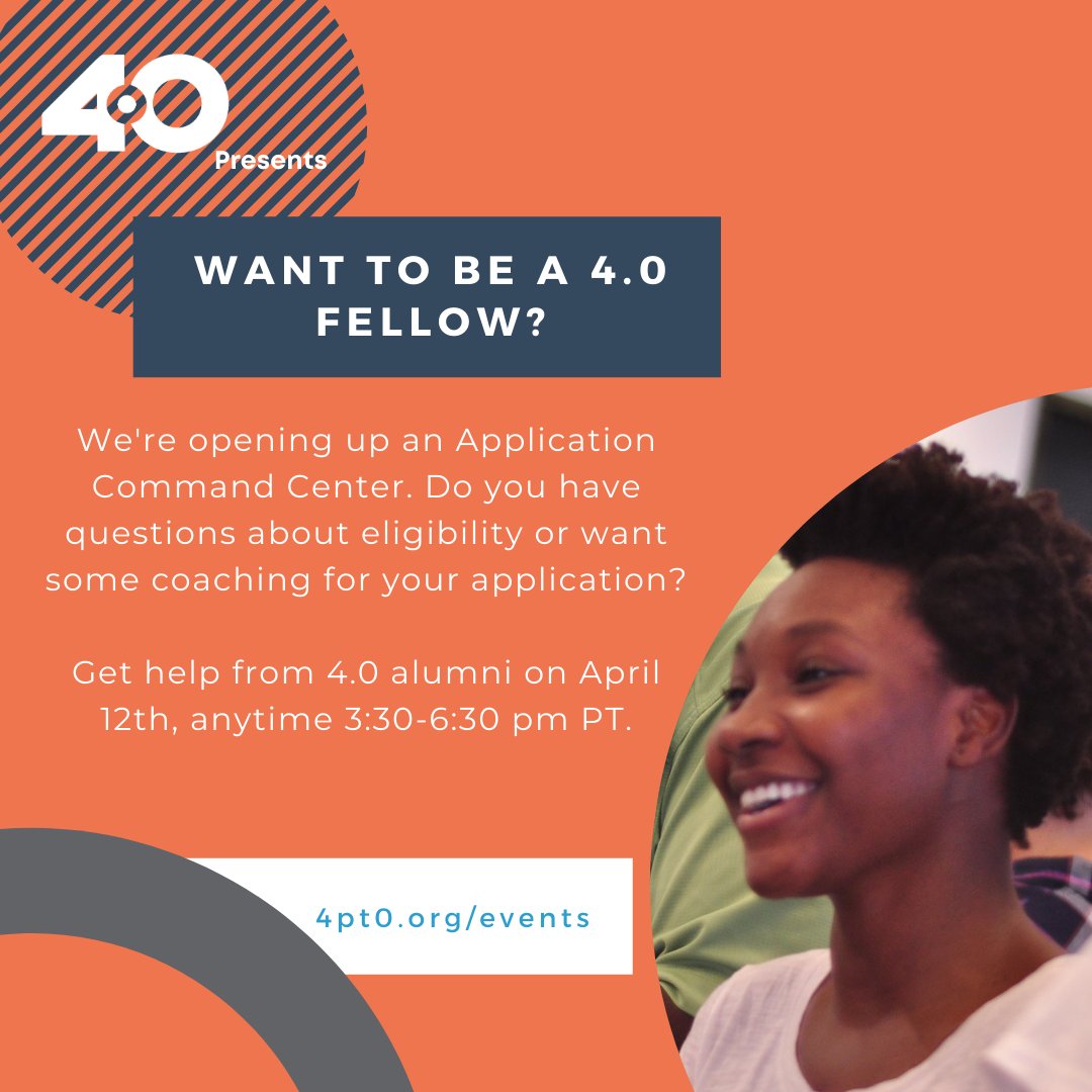 codespeaklabs's tweet image. MONDAY is the final @4pt0schools Fellowship recruiting event that our founder is co-hosting! Monday, April 12,  3:30-6:30 PST Get help on your application, come whenever you can.  4pt0.org/events
#education #educatorsforjustice #fellowship