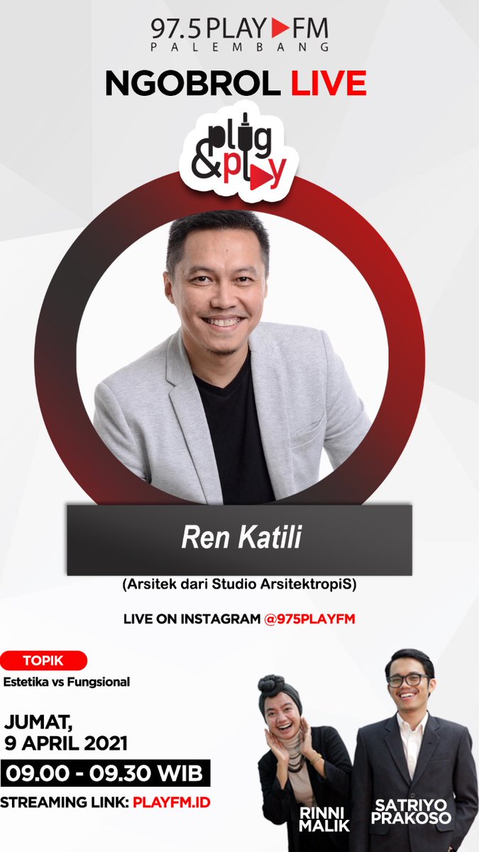 Players, pagi ini <a href="/rinnimalik/">Sri Haryani Dulhalik</a> dan <a href="/stryprks/">$</a> di Plug N Play bakalan Ngobrol bersama Ren Katili (Arsitek dari Studio <a href="/S_ArsitektropiS/">Studio ArsitektropiS</a> ) dan akan Live di Instagram juga.

Dengerin ya, Players!

#975PNP
#975PlayFM

Streaming Link: playfm.id