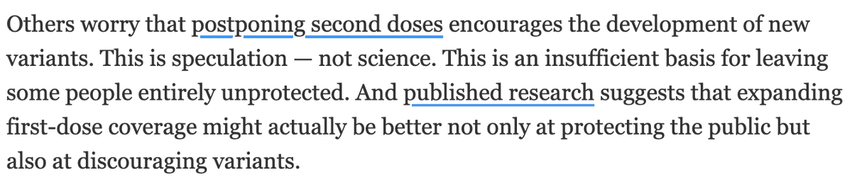 18/ This is mostly true. There is speculation about the risks of delaying 2nd doses AND about the risks of continuing to give both doses on time. BOTH are SPECULATION. The only way to settle the question is to study it empirically.