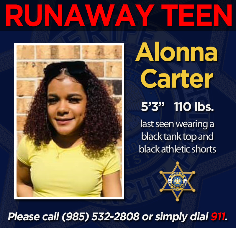 LafourcheSO's tweet photo. Detectives are searching for 15-year-old Alonna Carter of Ledet Drive in Thibodaux. She was seen at the residence on April 7, 2021, and she left the residence some time overnight. Anyone with information on her whereabouts is asked to call (985) 532-2808 or dial 911. https://t.co/HB2JYiyGpu