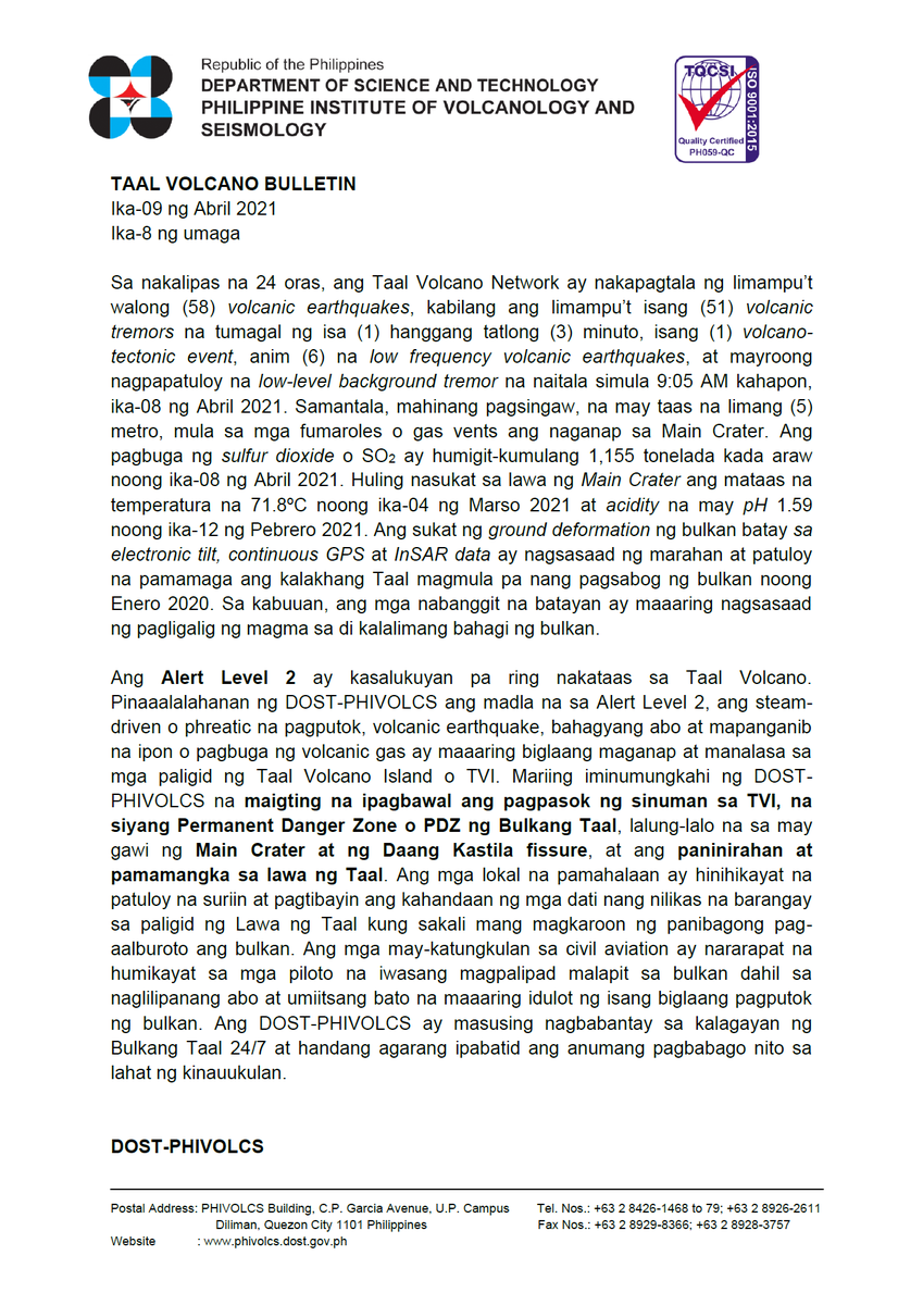 phivolcs_dost's tweet photo. TAAL VOLCANO BULLETIN
Ika-9 ng Abril 2021
Ika-8 ng umaga

#TaalVolcano

https://t.co/gieSSDThfk https://t.co/PN5dH8WR0A