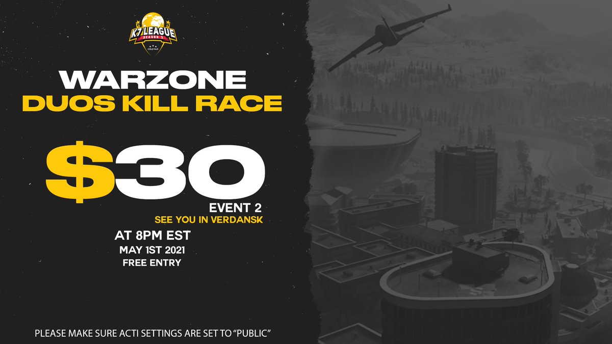 K7League's tweet image. Our Next Kill Race Warzone Event ⚔️🪂
Find your partner and sign up!

🪂Game Mode: BR Duos
🕗Time Limit: 2-hrs
🔼Variation: Best 3 Games
🆓Entry Fee: Free Entry
💰Prize: $30

forms.gle/Y7LhgVb6yGS893…