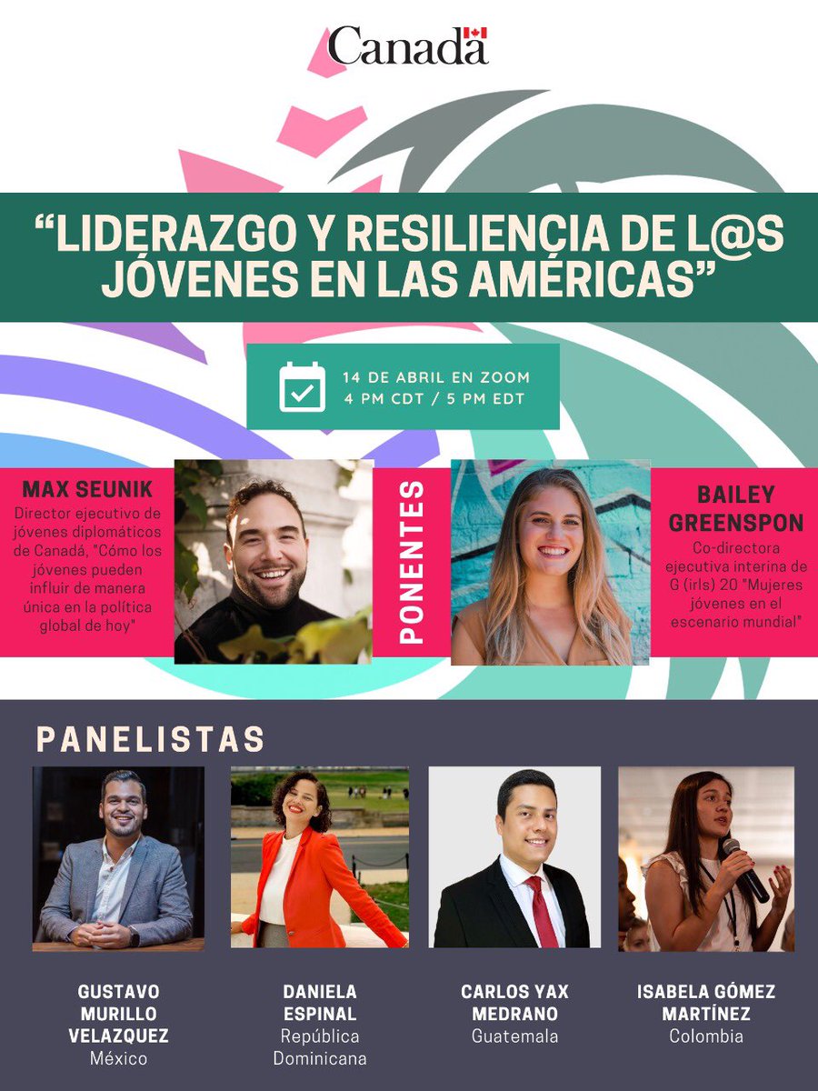 GustavoMurilloV's tweet photo. Gracias a @EmbCanMexico por la invitación a este panel sobre liderazgo y resiliencia de l@s jóvenes en las Américas 🇨🇦🇲🇽. Feliz de compartir espacio con viejos amigos y otros nuevos como @baileygreenspon y @maxseunik. 

EN/SP/FR con traducción.
Registro: https://t.co/JOkZshasPF https://t.co/MQobJeFIDV
