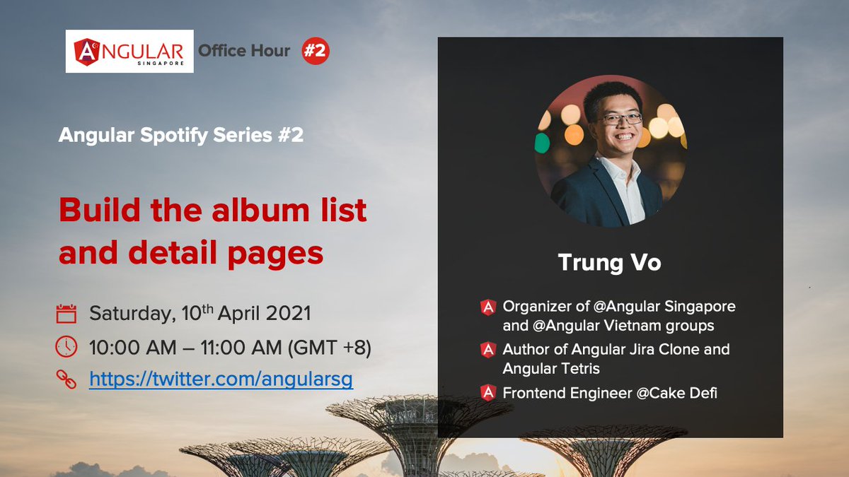angularsg's tweet image. Happy Friday! Remember that tomorrow, we have the next live stream on your #angularspotify series.
We'll implement the album list and album detail pages.
See you all tomorrow at 10 am (GMT +8)
youtu.be/vEIxjcrXcDc
Source code: github.com/trungk18/angulโฆ