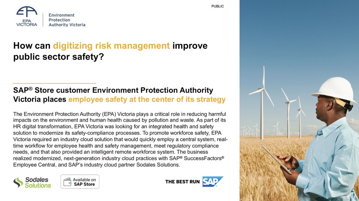 SodalesSol's tweet photo. With support from @SAP and @SodalesSol, @EPA_Victoria leverages industry best practices for enterprise health and safety for a new human experience.
#successfactors #sapdigital #scp #btp #sapstore #cloud #digitaltransformation https://t.co/M9CXkn5wOb