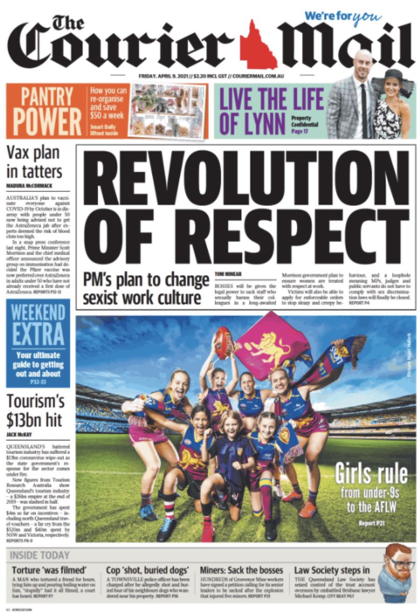AFLQ's tweet photo. Read all about QLD’s first ever U9 girls comp as women’s footy continues to grow across the state! Front page of today’s @couriermail alongside some of our @lionsaflw heroes https://t.co/bEj1W3ZAlA