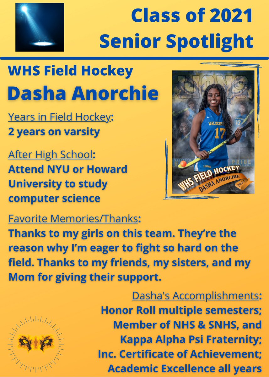 BoostersWHS's tweet photo. CLASS OF 2021 SENIOR SPOTLIGHT: DASHA ANORCHIE

Dasha played 2 years of varsity field hockey. She is a member of the NHS, SNHS, &amp; Kappa Alpha Psi. 
Congrats on your high school athletic career and all the best as you pursue a degree in computer science!

💙🦁💛🏑
@WHSLionsFH https://t.co/NR5XlN0hho