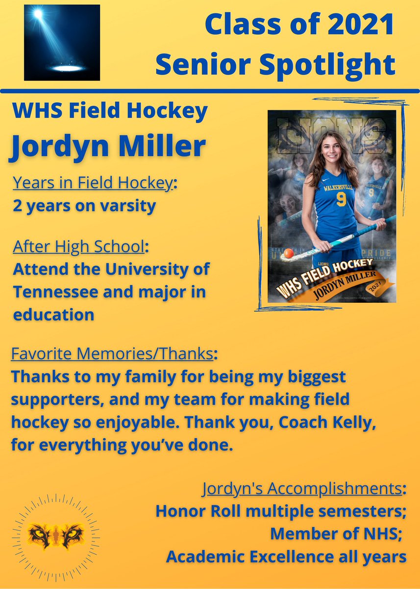 BoostersWHS's tweet photo. CLASS OF 2021 SENIOR SPOTLIGHT: JORDYN MILLER

@jordynnmillerr_  played varsity field hockey 2 years. She is a member of @WalkersvilleNHS  
Congrats on your high school athletic career and all the best as you head to the @UTKnoxville 

💙🦁💛🏑
@WHSLionsFH https://t.co/5KYIBd28Wz