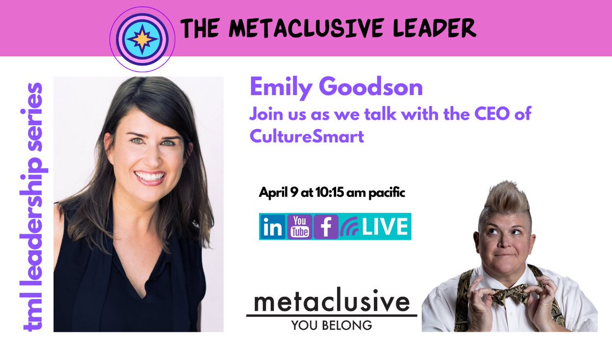 metaclusive's tweet photo. Join me tomorrow as I talk with Emily Goodson, the CEO at Culture Smart! 

#metaclusive #belonging #youbelong #disabilityinclusion #diversityequityandinclusion https://t.co/HxbqHqfZsE