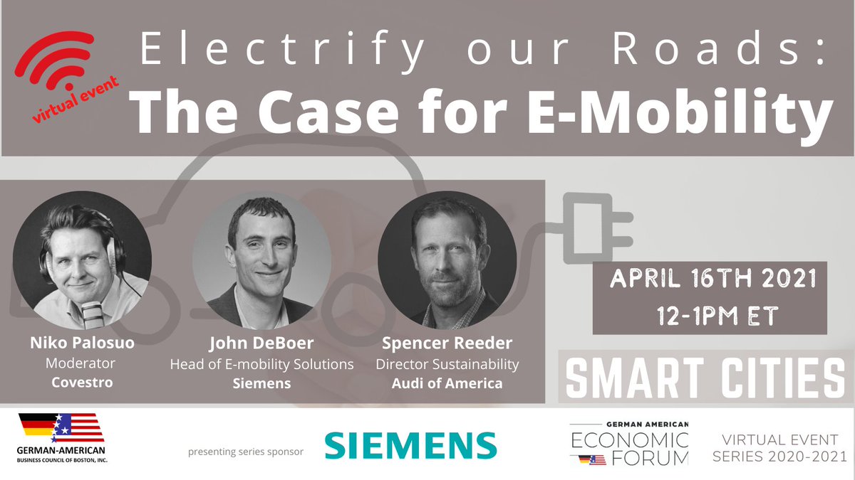 GABCBoston's tweet photo. Join us for our next #SmartCities event on April 16th with speakers from @SiemensUSA @Audi on #eMobility moderated by @NikoPalosuo register 👉 https://t.co/R4kt7Nct7i 
@GABA_California @GermanyinBoston https://t.co/gJyNUhis1a