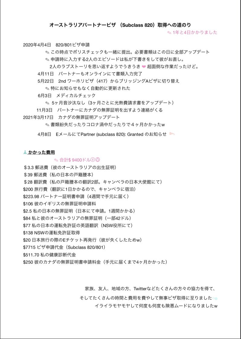 chanchanslife's tweet photo. 【嬉しいご報告】
パートナービザ(Subclass 820)が
昨日夕方降りました☺❤︎

自分たちで手探りで申請、１２ヶ月と４日でした。
Twitterの皆さんが支えでした😭
ありがとうございます*♡‧₊˚

掛かった時間と費用と申請内容、
流れなどまとめたので参考までに！

#オーストラリア　#パートナービザ https://t.co/tmkQBUxxn5