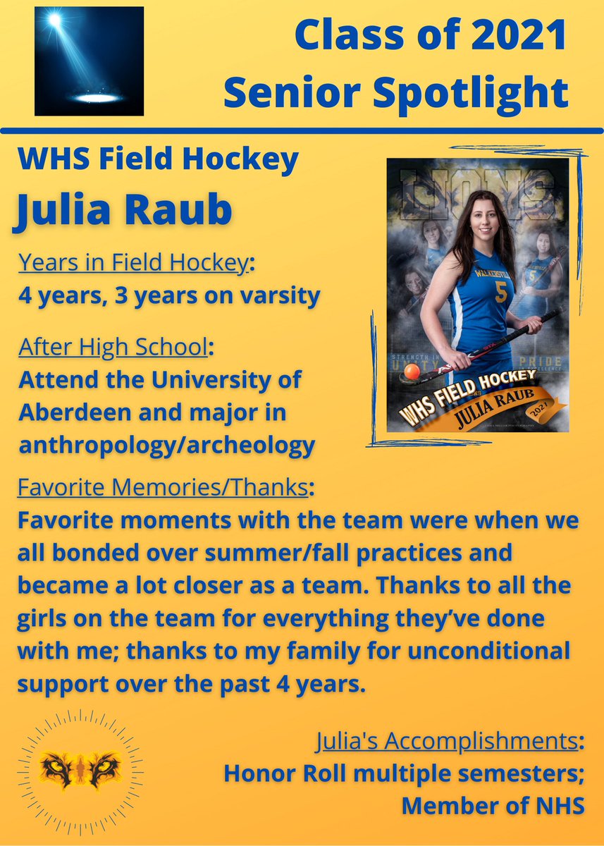 BoostersWHS's tweet photo. CLASS OF 2021 SENIOR SPOTLIGHT: JULIA RAUB

@JuliaRaub played field hockey 4 years, 3 on varsity. She  is a member of the @WalkersvilleNHS 
Congrats on your high school athletic career and all the best as you head to the University of Aberdeen!

💙🦁💛🏑
@WHSLionsFH https://t.co/Ae6Obv8Bm2