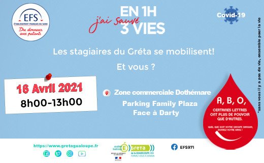 LebraveLaetitia's tweet photo. [Save the date]
#dondusang #collecte #solidarite
En 1h, j'ai sauvé 3 vies!

Les stagiaires du @GretaGuad se mobilisent aux côtés de l'@EFS_dondesang
La collecte se déroulera le 16 avril de 8h à 13h à #Dothemare aux #abymes.
N'hésitez pas à soutenir l'action.
Merci aux #Superheros https://t.co/0jmJGUaNu8