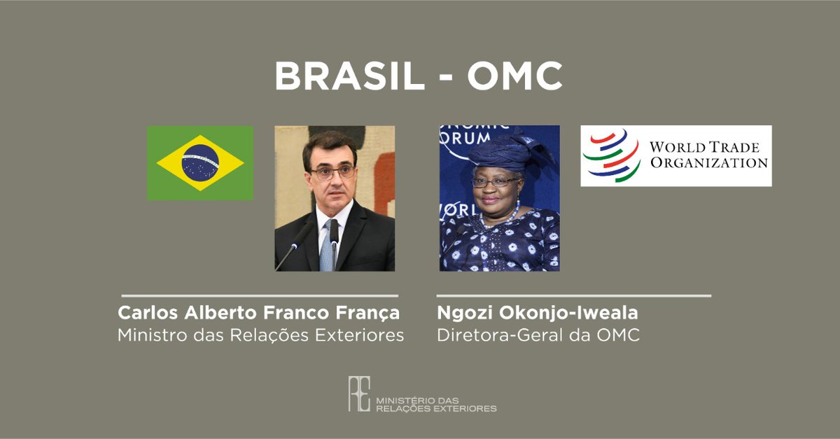 O Ministro Carlos França conversou, hoje, com a Diretora-Geral da OMC, Dra. <a href="/NOIweala/">Ngozi Okonjo-Iweala</a>. Concordaram quanto às prioridades para a 12ª Conferência Ministerial da Organização, no final deste ano, entre as quais o tema comércio e saúde.