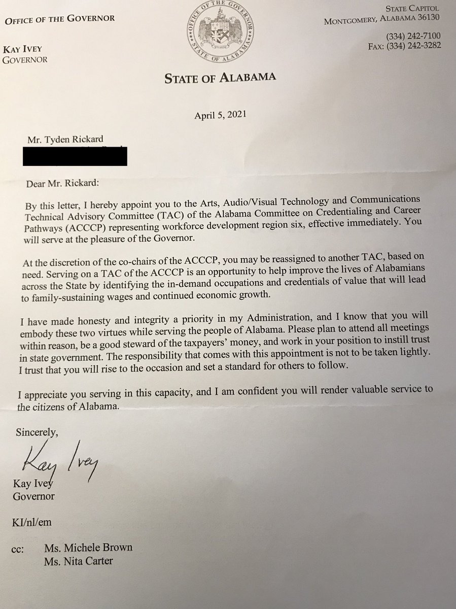 Thank you <a href="/GovernorKayIvey/">Governor Kay Ivey</a> for the appointment! I’m thrilled to pour back into the community that opened so many doors for me. Here’s to building the next generation of young leaders &amp; innovators. ❤️