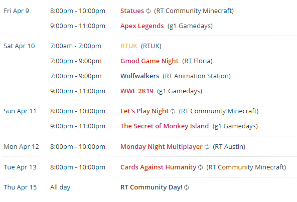 RTW_Community's tweet photo. Hey there! Check out what is happening in the RT Community over the next week and join in on the fun with @RTCommServer @g1_Gamedays @RT_AnimStation @RoosterTeethUK @RTAustinTX @RT_Florida! #RTWCC (times in image in EST, go to https://t.co/KvEKdBtkeb for more info &amp; updates) https://t.co/hco5kG7eoQ