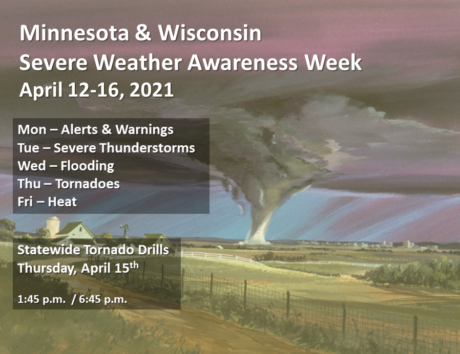 Next week is Severe Weather Awareness Week in both Minnesota and Wisconsin. Different topics each day, plus the statewide tornado drills. Great chance to re-educate yourself on severe thunderstorms and practice your safety actions. #wiwx #mnwx #swaw https://t.co/dqUFv81Cpn
