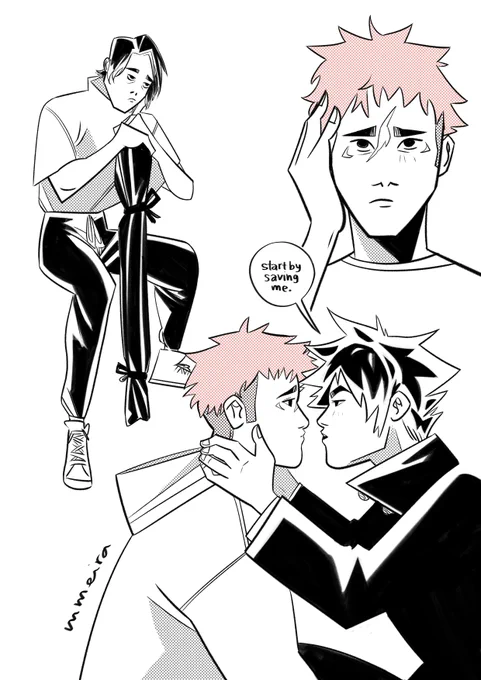 a bunch of #JujutsuKaisen sketches that ill never finish 
(the second one was supposed to be a hsm au of itafushi, one day ill do a whole animatic of itafushi "i gotta go my own way") #jjk 