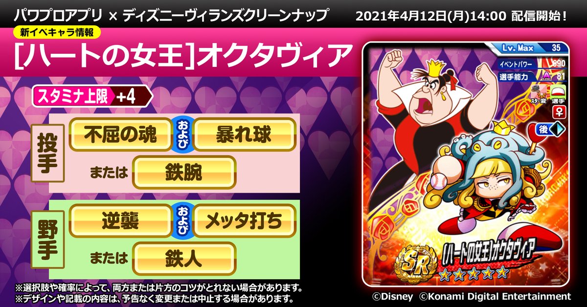 パワプロアプリ公式 ハートの女王 をイメージした衣装で パワーアップしたオクタヴィアちゃん Sr以上で 投手なら 不屈の魂 および 暴れ球 または 鉄腕 野手なら 逆襲 および メッタ打ち または 鉄人 のコツをget可能で スタミナ上限 パワプロアプリ公式 ハートの女王 をイメージした衣装で パワーアップしたオクタヴィアちゃん Sr以上で 投手なら 不屈の魂 および 暴れ球 または 鉄腕 野手なら 逆襲 および メッタ打ち または 鉄人 のコツをget可能で スタミナ上限