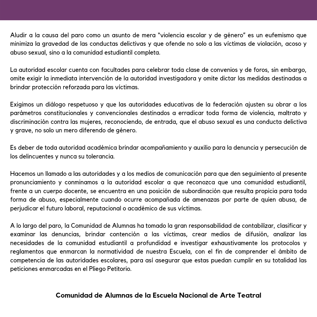 Respuesta al comunicado emitido por la Dirección de la Escuela Nacional de Arte Teatral.

#MorrasEnat
#MorrasSeguras
#FueraAgresoresDeLaEnat
