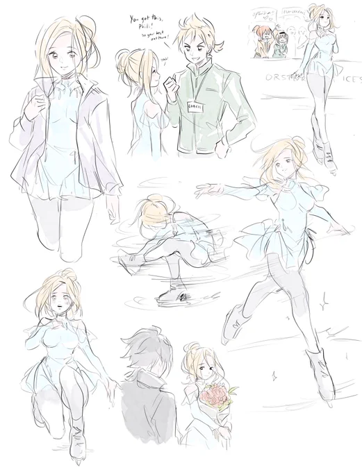 some sketches before i go to work...wanted to draw figure ice skater ophilia again ? 