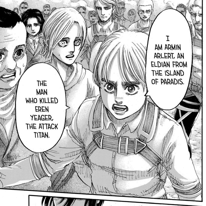 ∙ DEALEren dan Armin membuat kesepakatan untuk bersama-sama melindungi Mikasa. Meski tidak dijelaskan namun hal ini menjadi jelas ketika Armin mendeklarasikan dirinya sbg 'pembunuh' Eren. Hal ini demi melindungi Mikasa dari ancaraman orang yg pro Eren (Yeagerist).