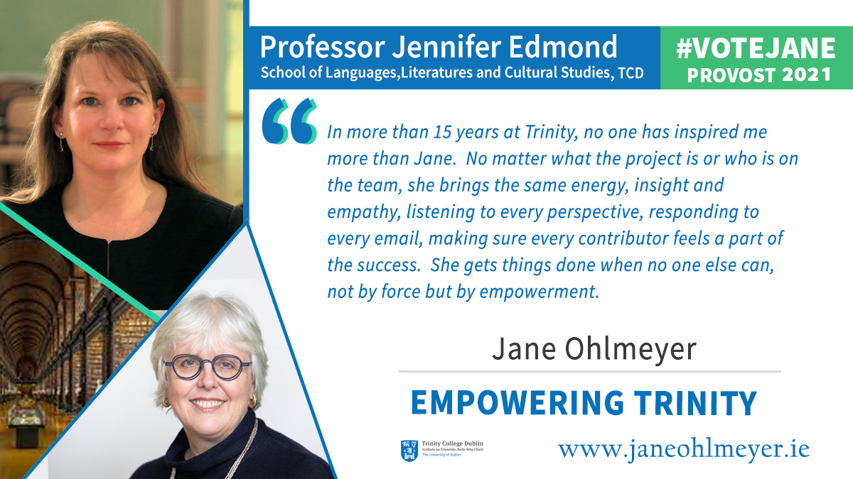 (7/17) However, we can only change our environment if we change our culture and attitudes. If elected, I’ll champion a values-driven culture where inclusion, accessibility, diversity, equality and sustainability are more than buzzwords. All means all!  #TCDProvost2021  #VoteJane